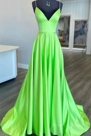 Simple A Line V Neck Green Satin Long Prom Dress V Neck Green Formal Graduation Evening Dress