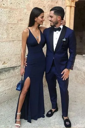 Simple A Line V Neck Mermaid Navy Blue Long Prom Dresses with Leg Slit, V Neck Navy Blue Formal Dresses, Evening Dresses