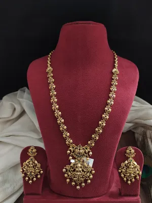 Simple Antique Floral Design Long Haram Set with Lakshmi Pendant & Matching Earrings