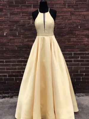 Simple Halter Yellow Satin Long Prom Dresses 2019, Yellow Formal Dresses Long Evening Dresses