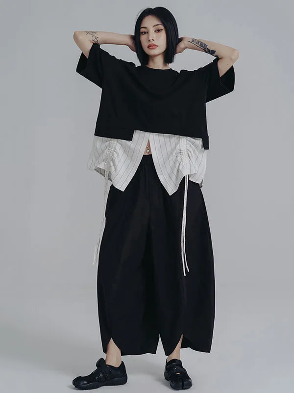 Simple Loose Elasticity Waist Wide Leg Solid Color Pants