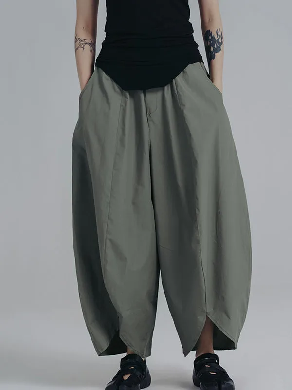 Simple Loose Elasticity Waist Wide Leg Solid Color Pants