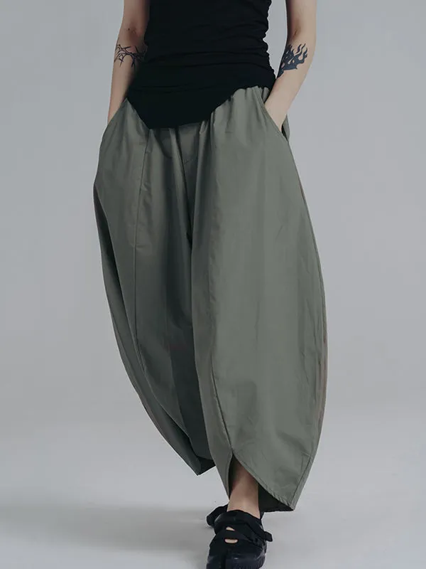 Simple Loose Elasticity Waist Wide Leg Solid Color Pants