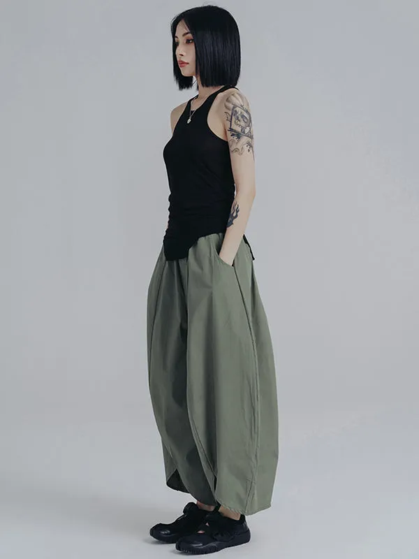 Simple Loose Elasticity Waist Wide Leg Solid Color Pants