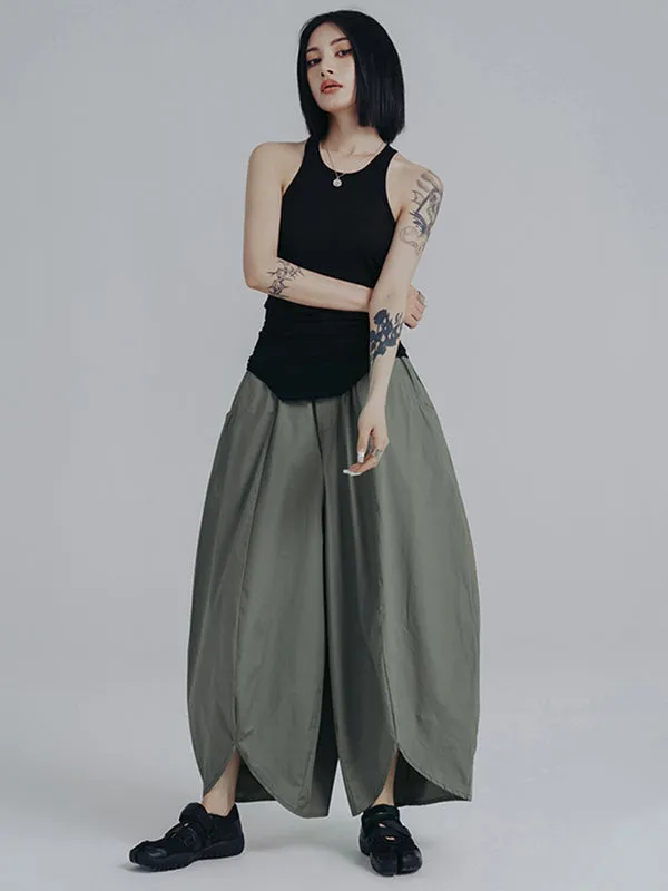 Simple Loose Elasticity Waist Wide Leg Solid Color Pants