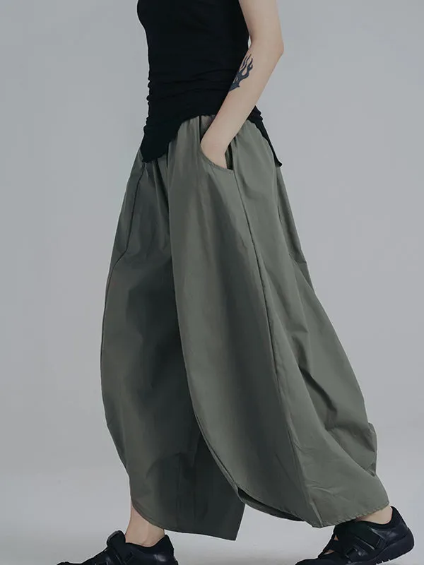 Simple Loose Elasticity Waist Wide Leg Solid Color Pants