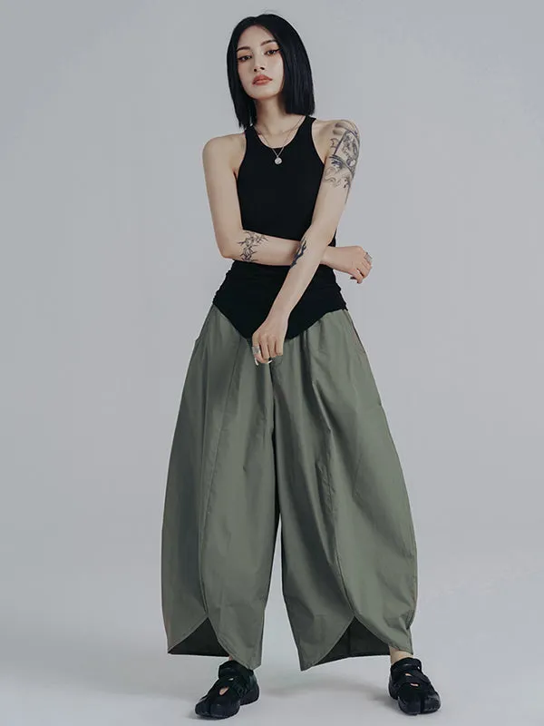 Simple Loose Elasticity Waist Wide Leg Solid Color Pants