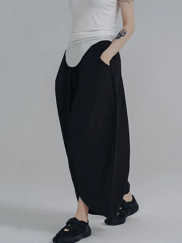 Simple Loose Elasticity Waist Wide Leg Solid Color Pants