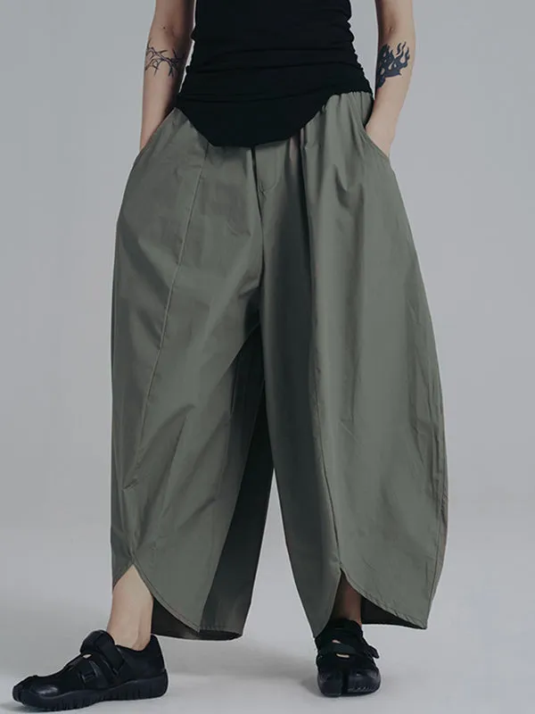 Simple Loose Elasticity Waist Wide Leg Solid Color Pants