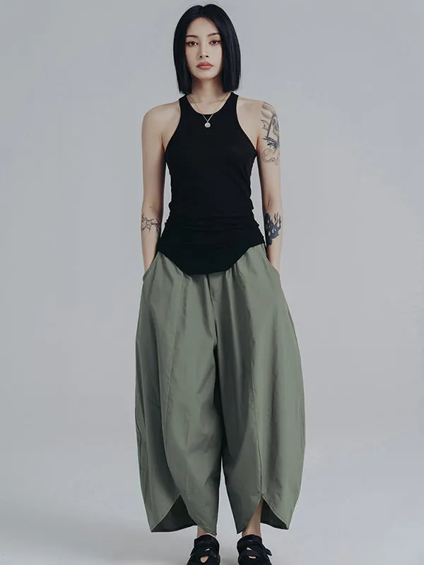 Simple Loose Elasticity Waist Wide Leg Solid Color Pants