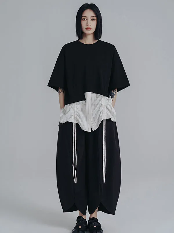 Simple Loose Elasticity Waist Wide Leg Solid Color Pants