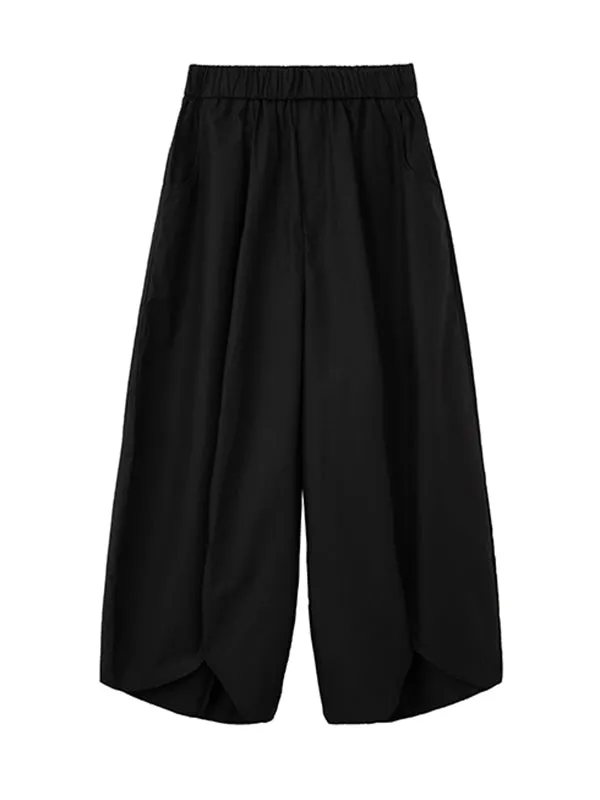 Simple Loose Elasticity Waist Wide Leg Solid Color Pants