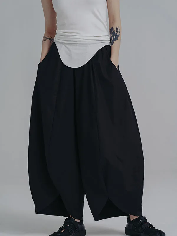 Simple Loose Elasticity Waist Wide Leg Solid Color Pants