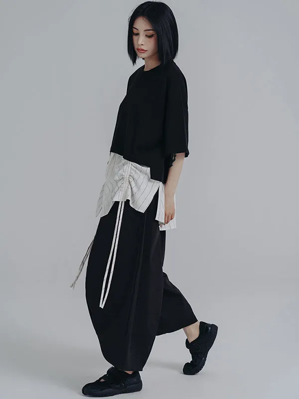 Simple Loose Elasticity Waist Wide Leg Solid Color Pants