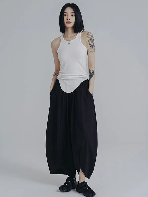 Simple Loose Elasticity Waist Wide Leg Solid Color Pants