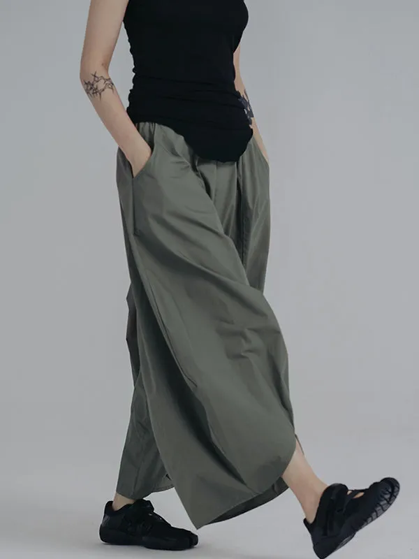 Simple Loose Elasticity Waist Wide Leg Solid Color Pants