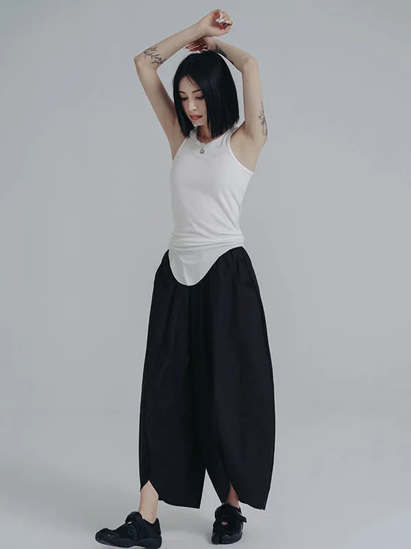 Simple Loose Elasticity Waist Wide Leg Solid Color Pants