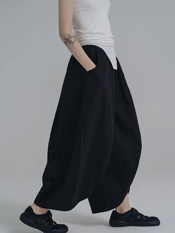 Simple Loose Elasticity Waist Wide Leg Solid Color Pants