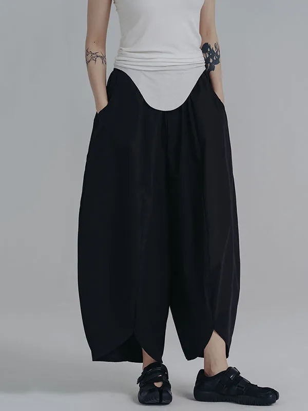 Simple Loose Elasticity Waist Wide Leg Solid Color Pants