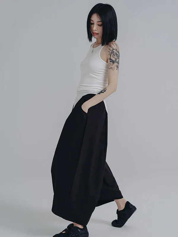 Simple Loose Elasticity Waist Wide Leg Solid Color Pants