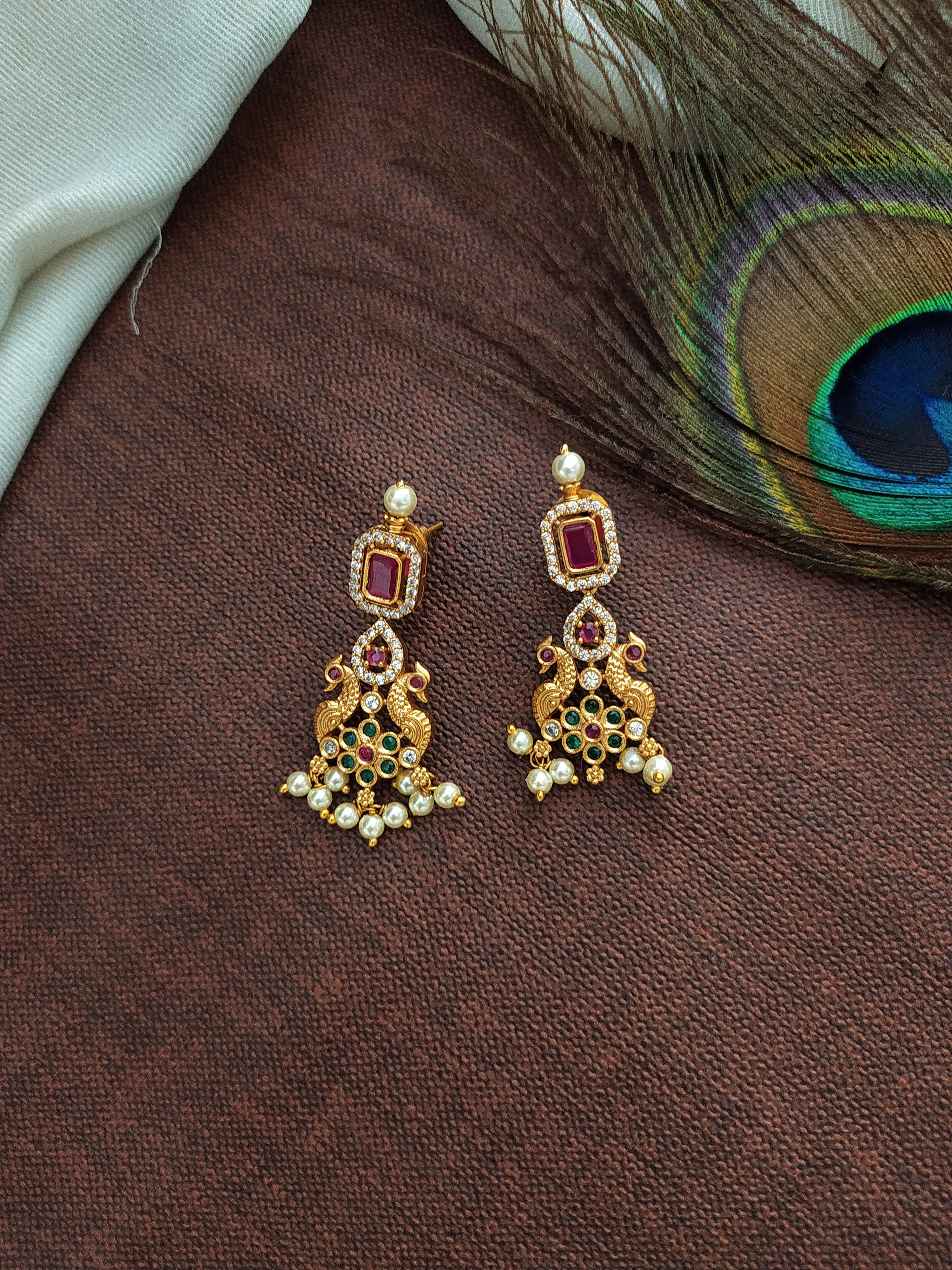 Simple Peacock Design Antique Haram Set with Pearls, Ruby, and Green Stones