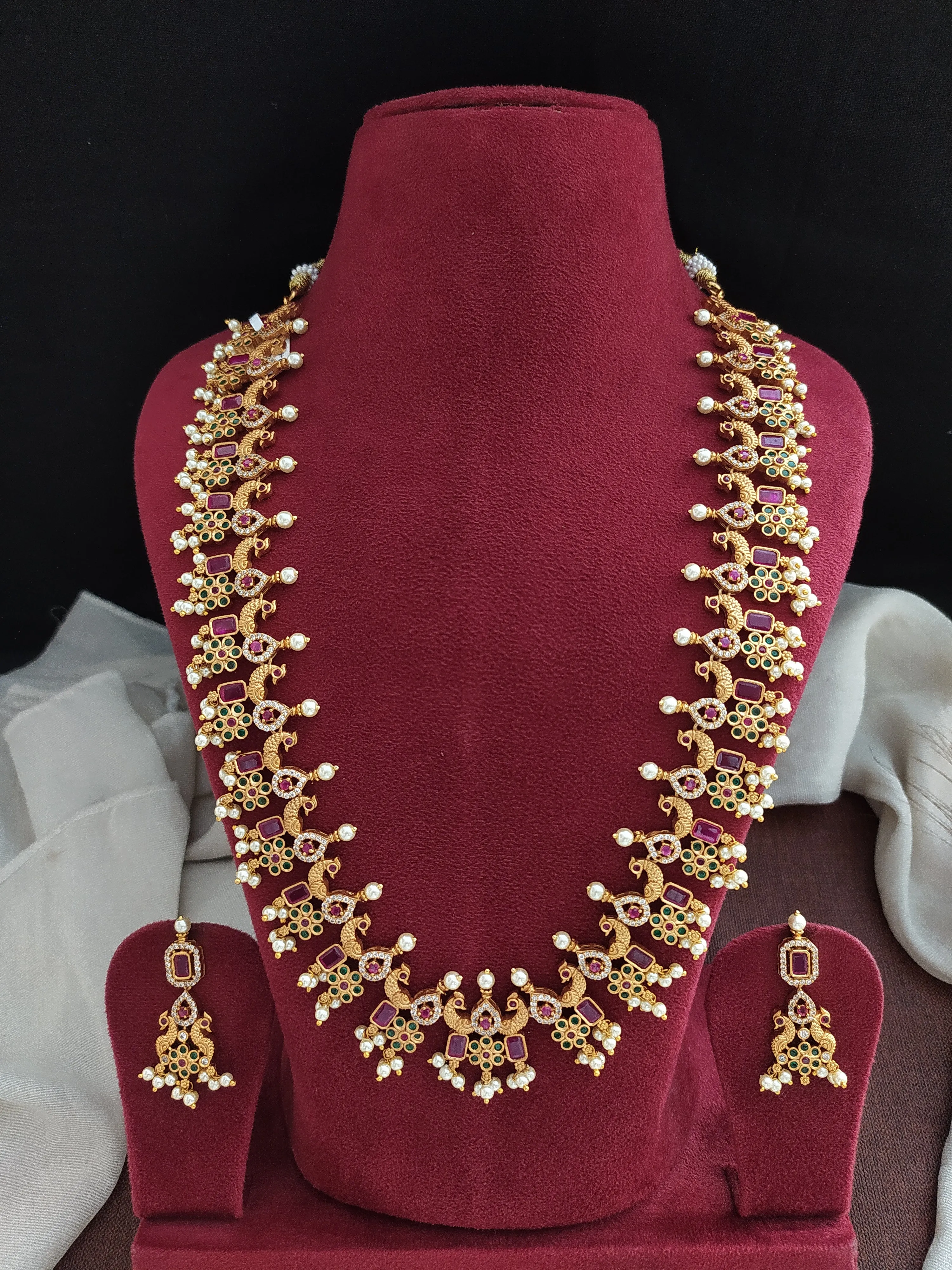 Simple Peacock Design Antique Haram Set with Pearls, Ruby, and Green Stones