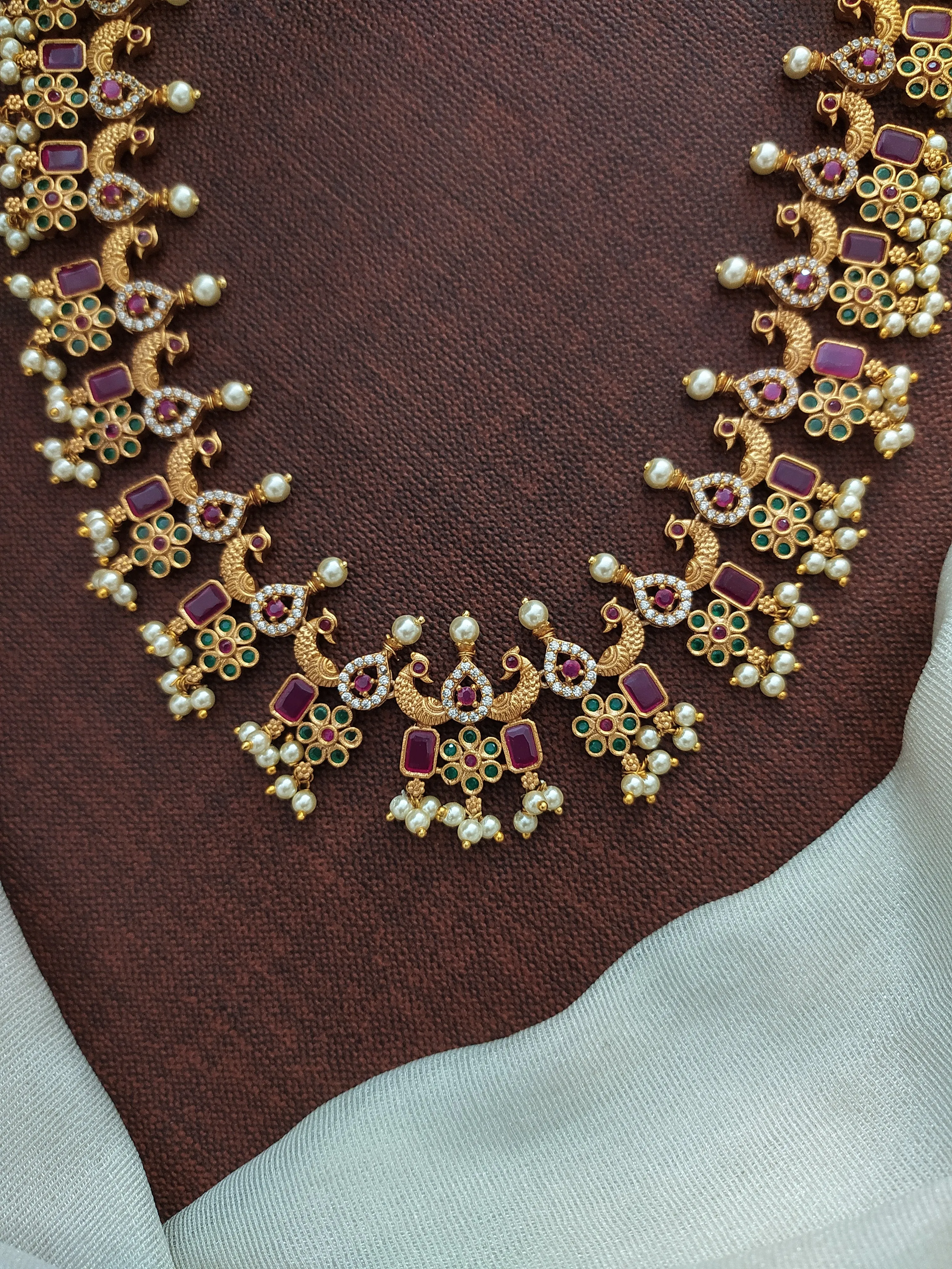 Simple Peacock Design Antique Haram Set with Pearls, Ruby, and Green Stones