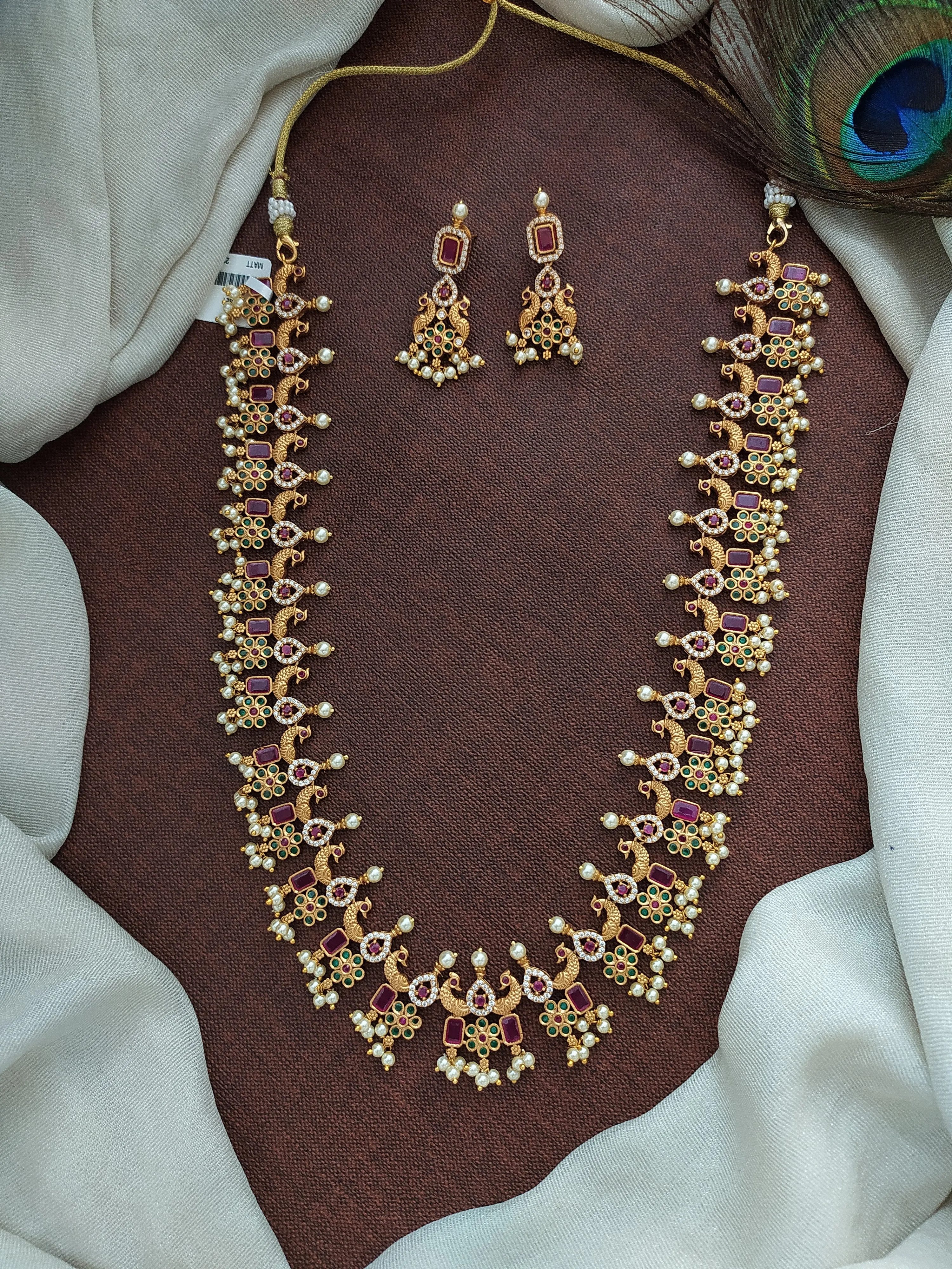 Simple Peacock Design Antique Haram Set with Pearls, Ruby, and Green Stones