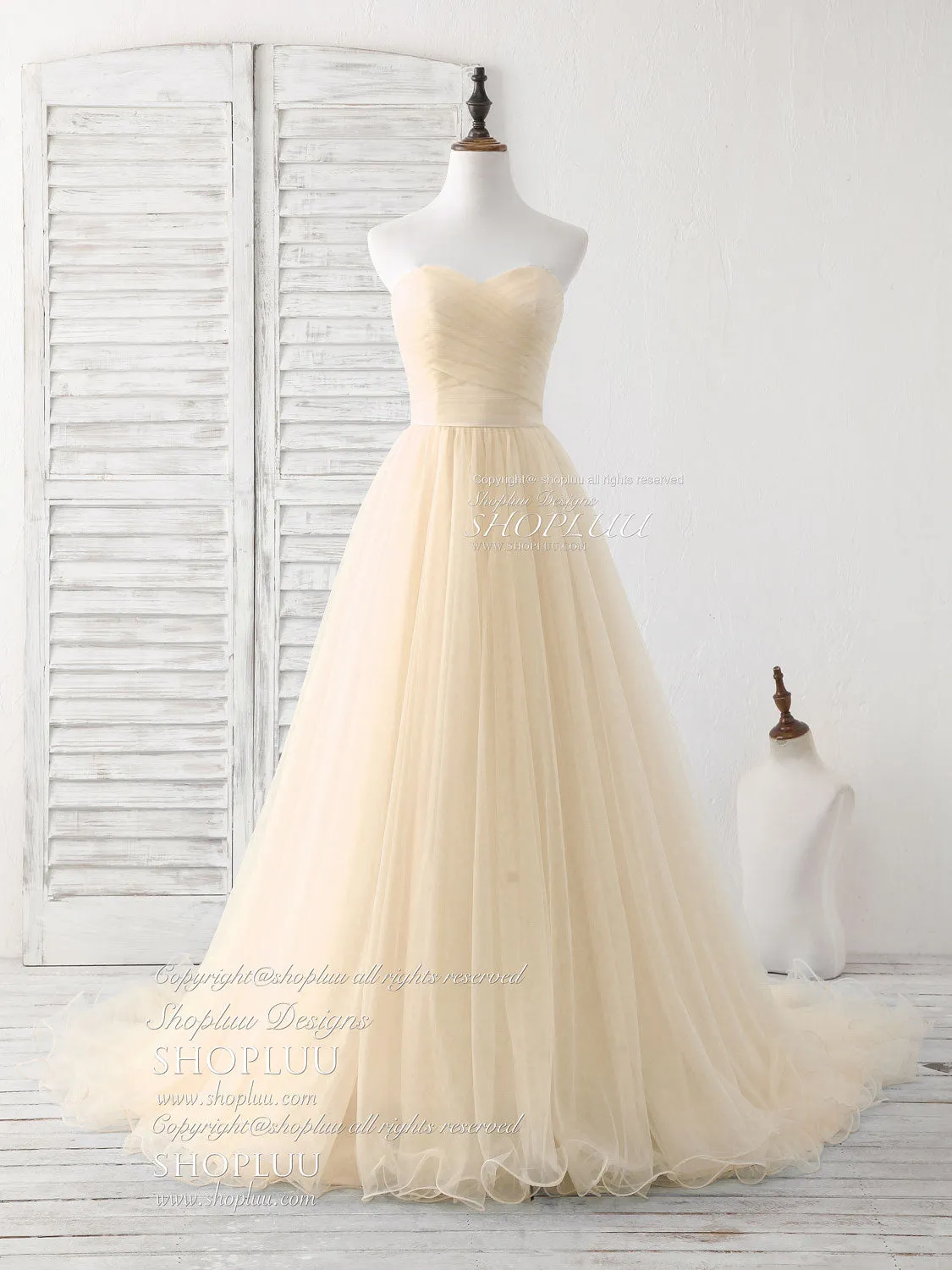 Simple Sweetheart Champagne Tulle Long Prom Dress Champagne Evening Dress