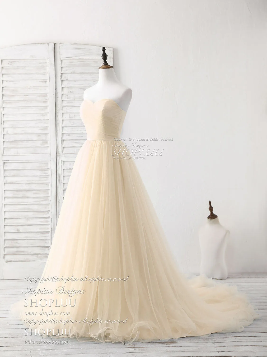 Simple Sweetheart Champagne Tulle Long Prom Dress Champagne Evening Dress