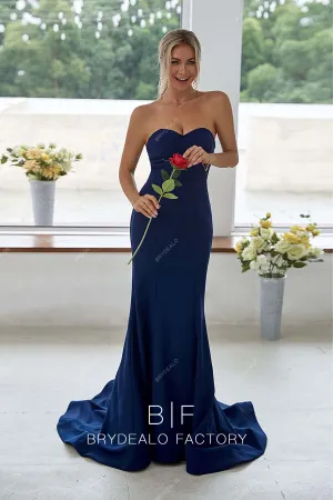 Simple Sweetheart Neck Strapless Navy Blue Mermaid Long Dress