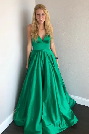 Simple V Neck Backless Satin Green Long Prom Dresses, Backless Green Formal Dresses, Green Evening Dresses