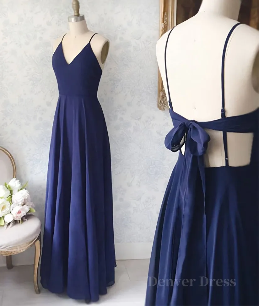 Simple v neck blue long prom dress blue evening dress