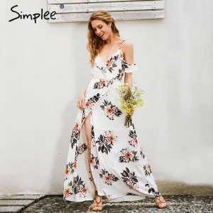 Simplee Floral print ruffles chiffon long dress Women strap v neck split beach summer dress Sexy backless maxi dresses vestidos