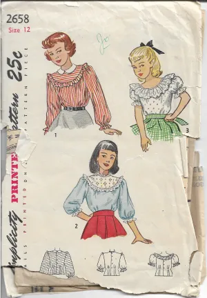 Simplicity 2658 Girls Blouse Vintage 1940's Sewing Pattern