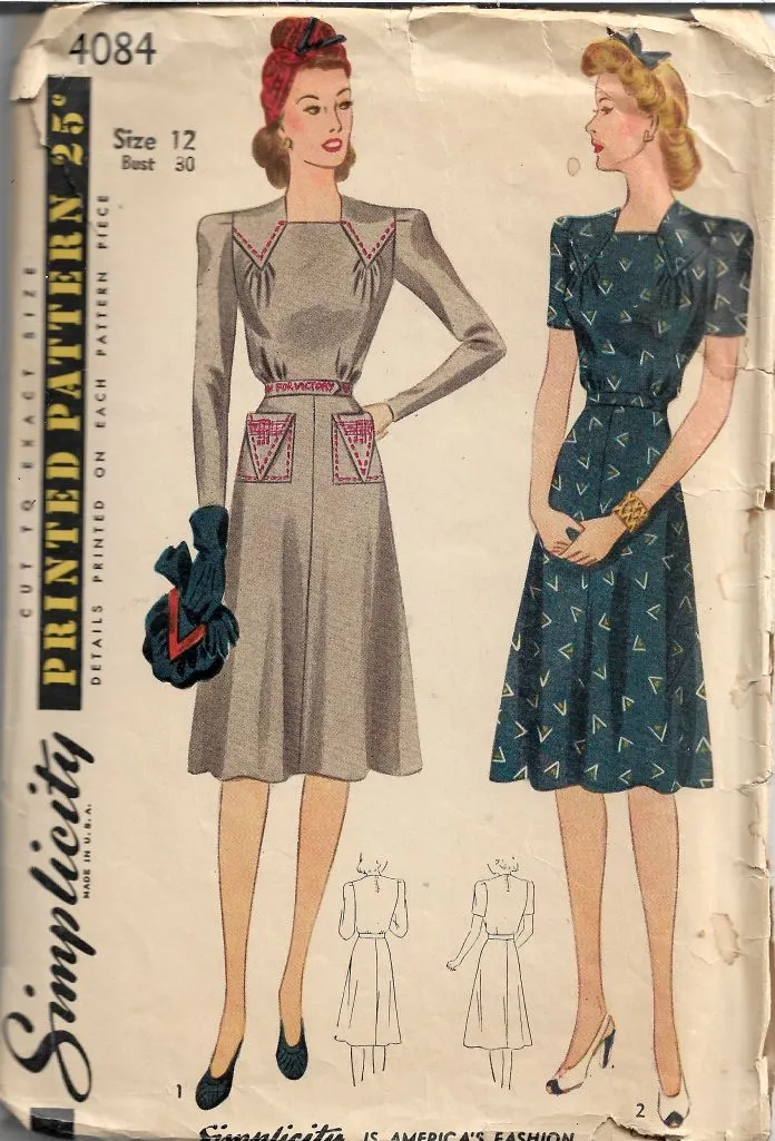 Simplicity 4084 Day Dress V Is For Victory Wartime Vintage Pattern 1940s Unprinted Rare