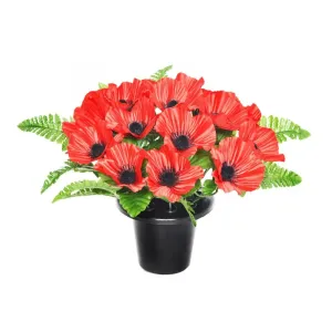 Sincere Floral 25cm Artificial Red Poppy Fern Grave Pot