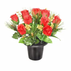 Sincere Floral 25cm Red Artificial Rosebud Eucalyptus Grave Pot