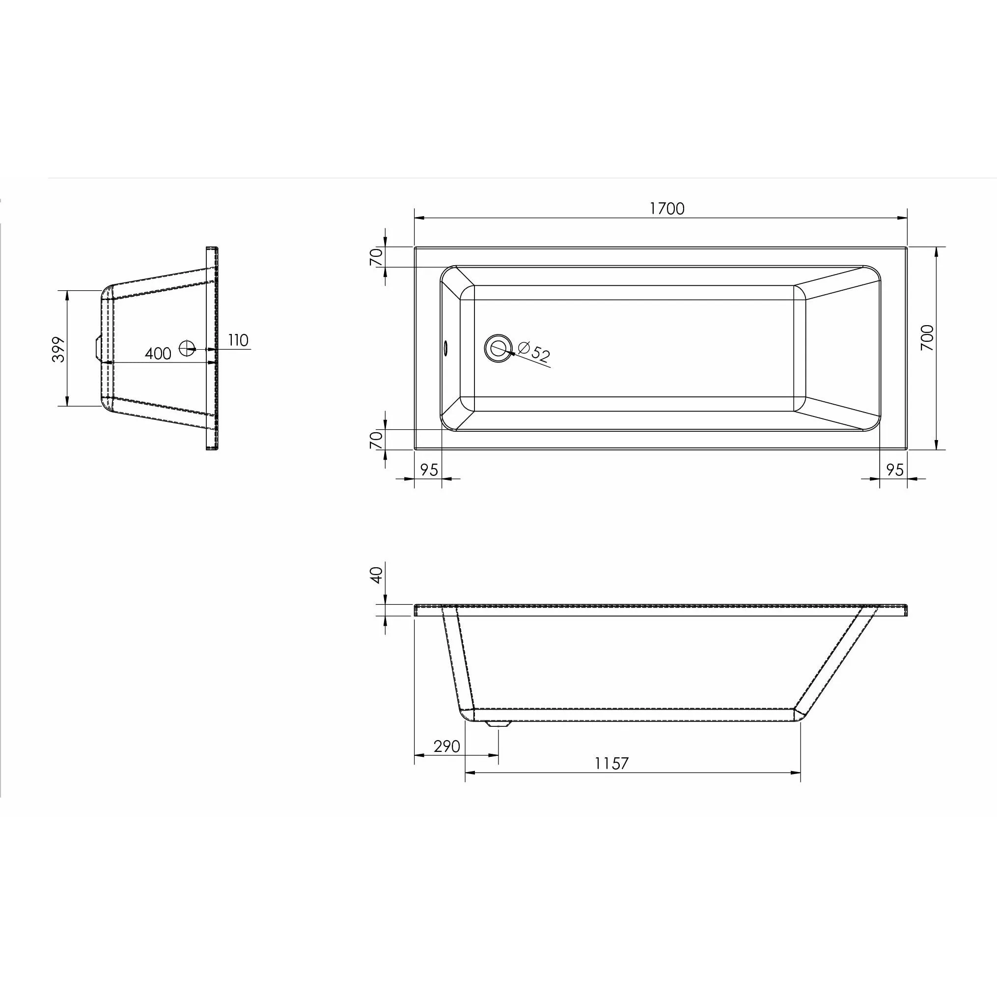 Single Ended Bathtub - 1700 x 700 | Saneux Stetson