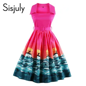 Sisjuly women vintage dress 1950s print patchwork retro belt cute party dress lapel neck summer sleeveless 2017 vintage dresses