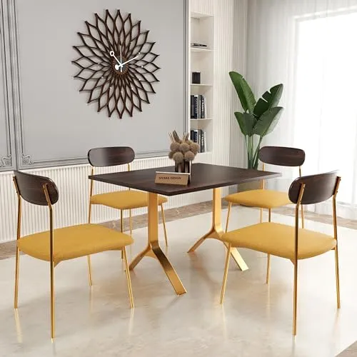 SIYARA DESIGN Elixir Sheesham Wood Dining Table 4 Seater Set with Iron Leg Chairs for Living Room Home | Wooden Dining Room Sets Furniture for Hotels & Restaurants (Walnut, Golden Legs)