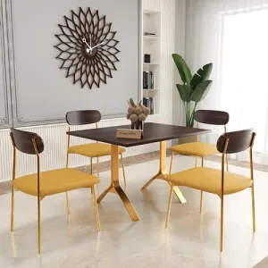 SIYARA DESIGN Elixir Sheesham Wood Dining Table 4 Seater Set with Iron Leg Chairs for Living Room Home | Wooden Dining Room Sets Furniture for Hotels & Restaurants (Walnut, Golden Legs)