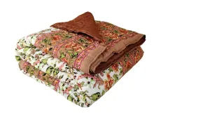 SJ Art & Crafts 410 TC Cotton Double Bed Super Soft Quilt Reversible Light Weight for Summer and Winter Size- King 90X108 Inch (Garden Flower Brown)