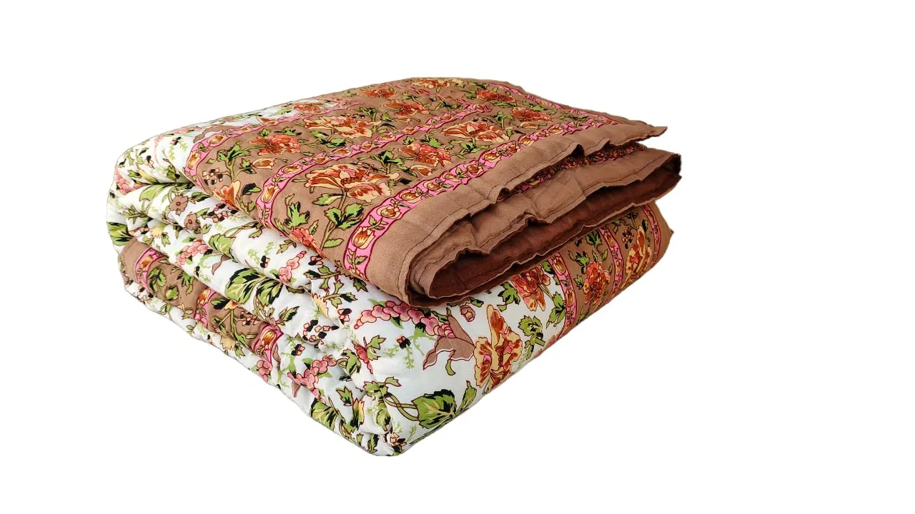 SJ Art & Crafts 410 TC Cotton Double Bed Super Soft Quilt Reversible Light Weight for Summer and Winter Size- King 90X108 Inch (Garden Flower Brown)