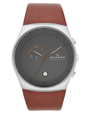 Skagen Mens Havene Chronograph Leather Watch - Gray Dial - Date - Stainless