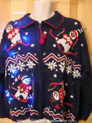 Ski Theme Light Up Ugly Xmas Sweater Festive Skiing Snowmen