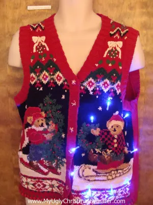 Skiing Bears Tacky Light Up Ugly Xmas Sweater Vest