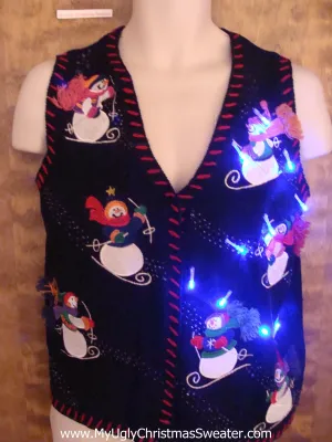 Skiing Snowmen Crazy Christmas Sweater Vest with Lights