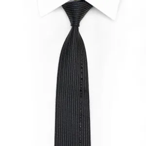 Skinny Rhinestone Silk Necktie Silver Vertical Stripes On Black With Sparkles