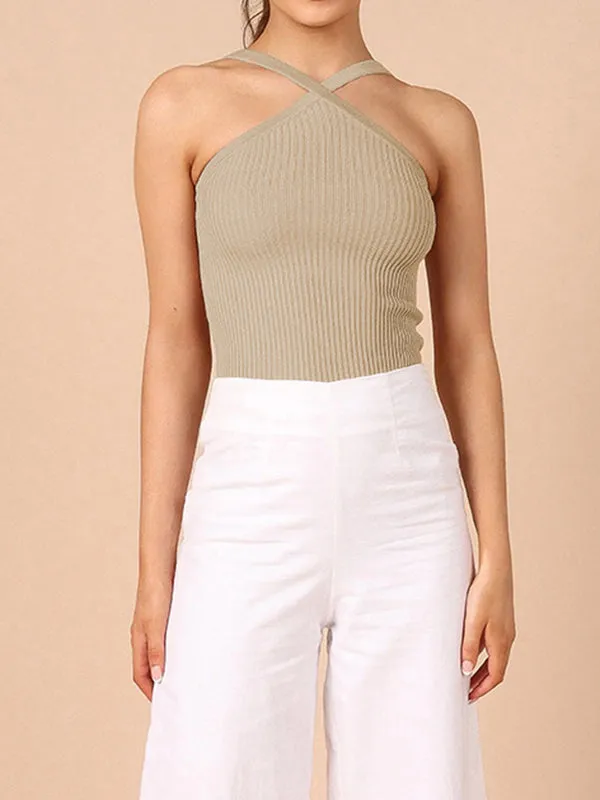 Skinny Sleeveless Solid Color Halter-Neck Vest Top